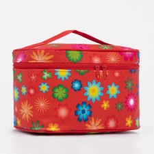 A cosmetic bag with a zipper, with a mirror, the color is red