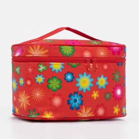 A cosmetic bag with a zipper, with a mirror, the color is red