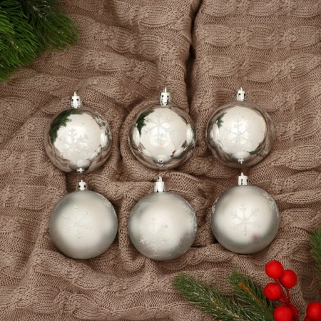 Set of balls plastic D-6 cm, 6 pcs "Zazimye Snowflakes" silver