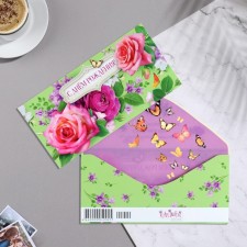 Конверт для денег "С Днём Рождения!" розы, зелёный фон, 8,3х16,7 см