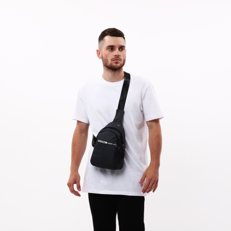 Male sling bag from textiles, headphone opening, gray color-7