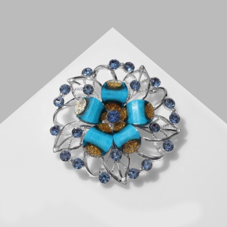 Brooch "Flower" with large leaves, the color is blue-golden in silver