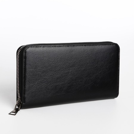 Male purse with zipper, department for bills, for maps, for coins, black color