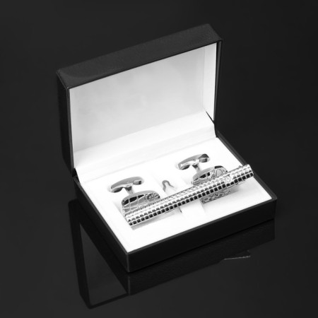 Set of male "cufflink + tie -clip" cage, white color in silver