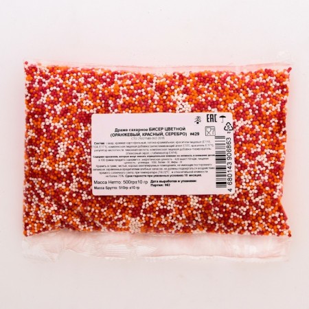 Confectionery sprinkling with the soft center "Bead": orange, red, silver, 500 g-1