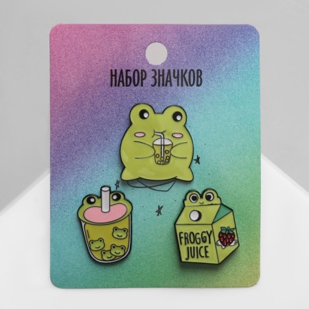 Set of badges (3 pcs.) "Frog drinks", green color in black metal-2