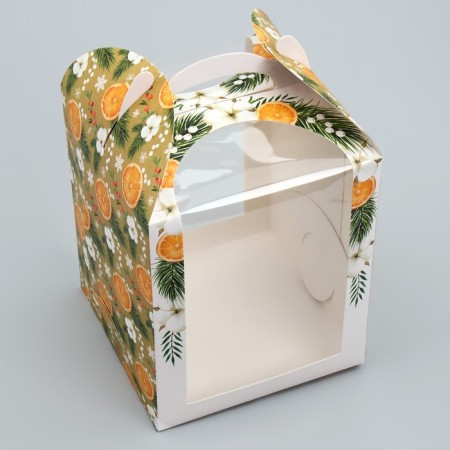 Folding box for a small cake "Orange", 15 x 15 x 18 cm, New Year-2