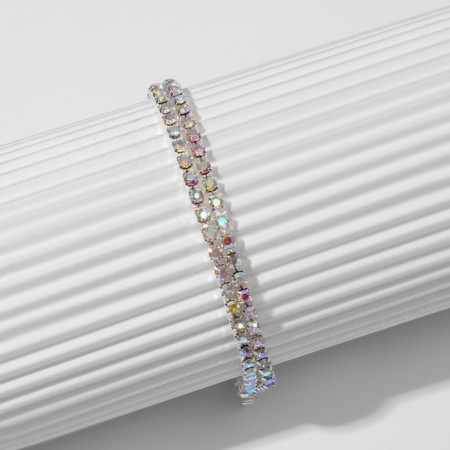 Bracelet with rhinestones "ice" elegance, 2 rows, rainbow color in silver, 18 cm