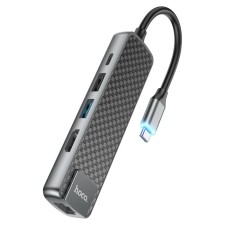 Adapter Hoco HB23, HDMI/USB3.0/USB2.0/RJ45/PD, 60 W, 3 A, cable length 13.5 cm, gray