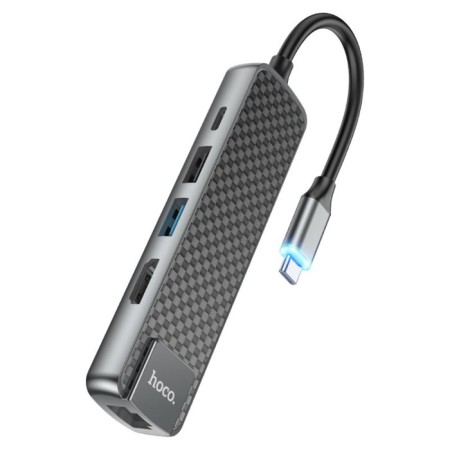 Adapter Hoco HB23, HDMI/USB3.0/USB2.0/RJ45/PD, 60 W, 3 A, cable length 13.5 cm, gray