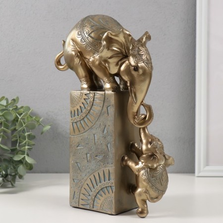 Polystone souvenir "Elephant with a baby on a column with patterns" Bronze with a patina 20x9x28 cm-2