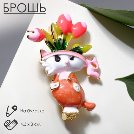 Brooch "Cat" Indian in flowers, colored in gold