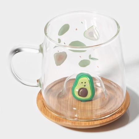 Glass mug with a wooden lid "Avocado", 350 ml, Mix drawing-6