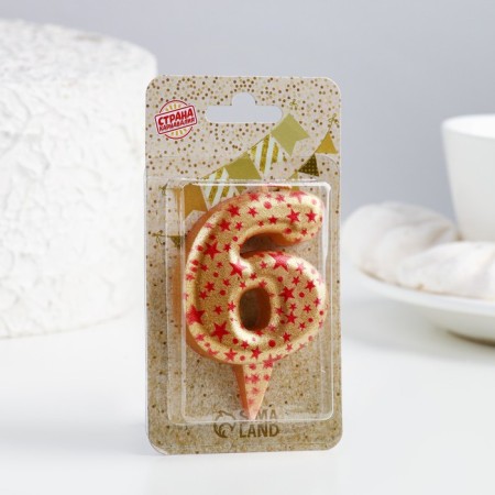 Candle in the Sanata cake, number "6", gold with red stars, 5.5 cm-1