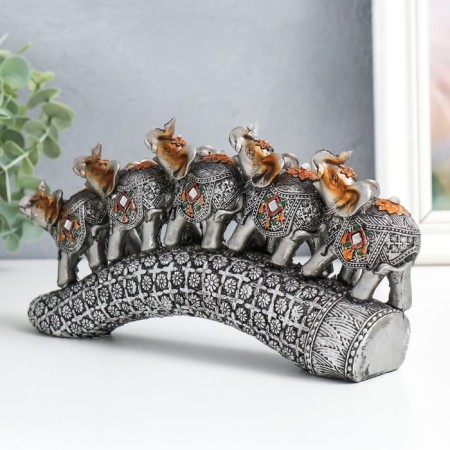 Polystone souvenir "Five elephants on a tusk with flowers" silver 20.5x4x11 cm-1
