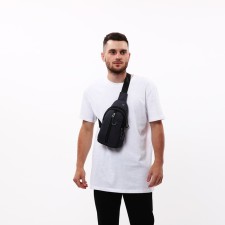 Male sling bag from textiles, headphone opening, gray color