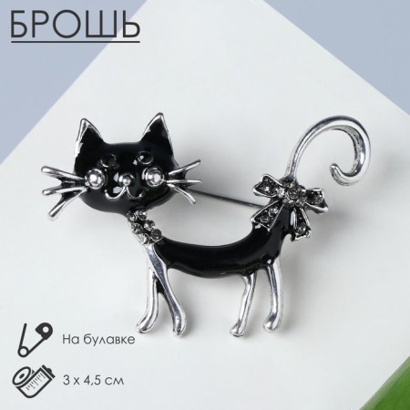 Brooch "cat" flirty with a bow, black color in black silver