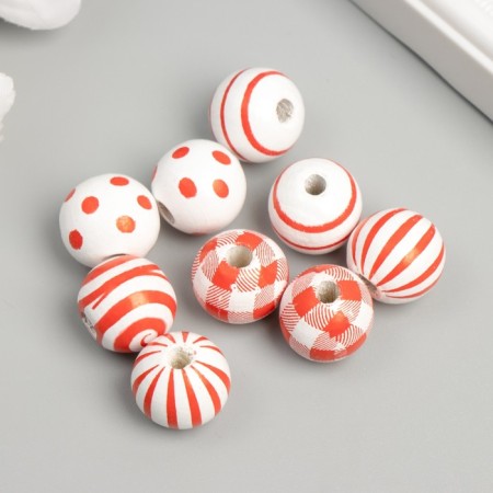 Beads wood for creativity "Round. Red patterns on white" D = 1.6 cm set 10 pcs