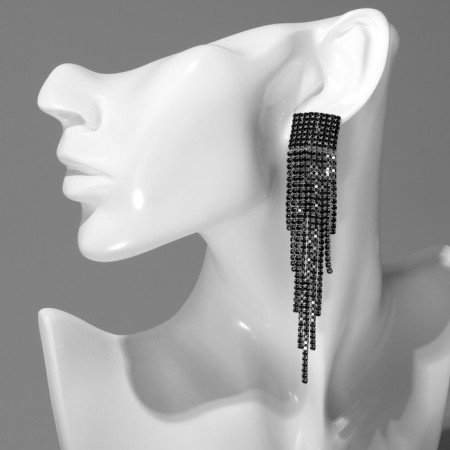 Hanging earrings with rhinestones "Waterfall" on a square, black color in silver, 11 cm-5