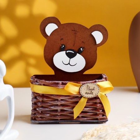 A wicker basket from the vine "Bear" with a bow of 12.5x9x16.5 cm MDF, oak-yellow-1