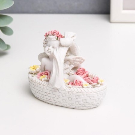 Polystone souvenir "Snowty angel in a pink wreath, in a basket with flowers" 6.5x8x5 cm-3