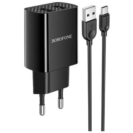 Network charger Borofone BA53A, 2XUSB, 2.1 A, Type-C cable, black-1