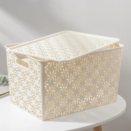Basket for storage with a lid "Chamomile", 14 l, 35.5 × 24.5 × 20.5 cm, ivory color.-1