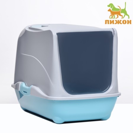 Domik toilet for cats closed with a door 43*32*33 cm, turquoise-gray
