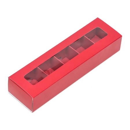 Box for 5 sweets with a shell, with a window, with thin dividers, red 20*5.5*3.5-2