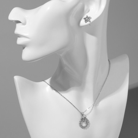 Set 4 objects: earrings (3 pairs), pendant “Flower set”, white color in silver, 45 cm-3