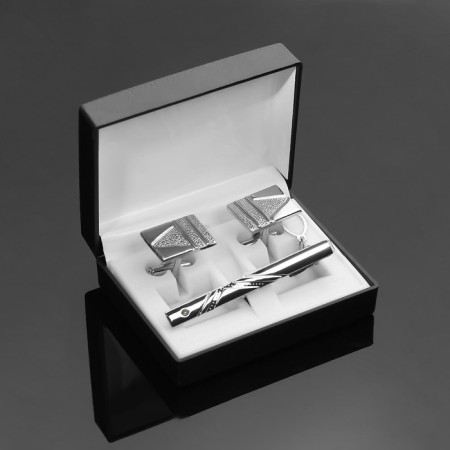 Set of male "cufflink + tie clip" thread, silver color
