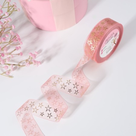 Kapron tape with embossing "Stars", 25 mm × 23 ± 1 m, pink/gold color