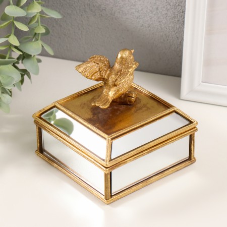 Polystone box, Golden Bird mirror 10.5x10.5x10 cm-3
