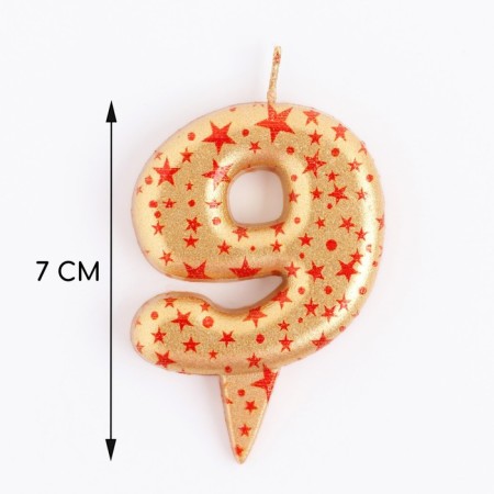 Candle in the Sanata cake, number "9", gold with red stars, 5.5 cm-2