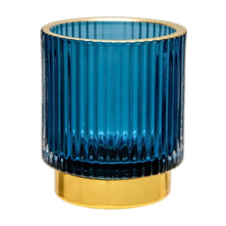 Decorative candlestick made of colored embossed glass, 70 × 70 × 80 mm, blue color