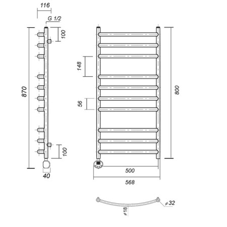 Domoterm electric heated towel rail "Calipso" P10, 500x800 mm, left, white matte-2