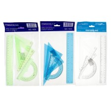 The set is drawing, transparent, on the blister, 4 items (ruler 20 cm, 2 squares, transporter), mix