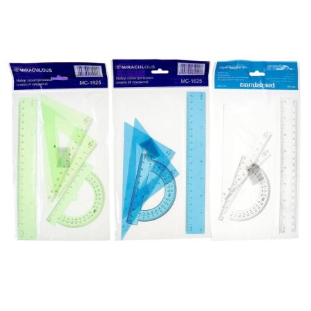 The set is drawing, transparent, on the blister, 4 items (ruler 20 cm, 2 squares, transporter), mix