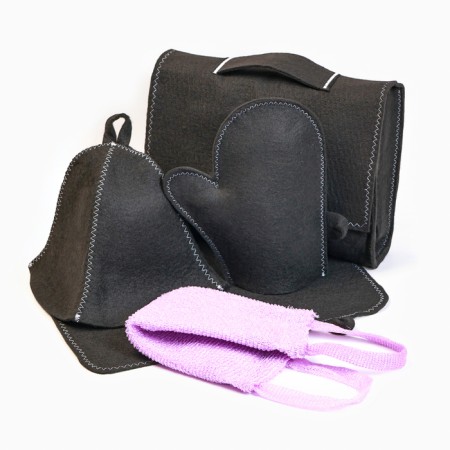 Set for baths and saunas 5 in 1 (bag, hat, mittens, rug, washcloth), black-11