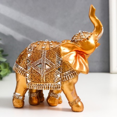 Souvenir Polystone "Golden Elephant with an Elephant in the Mirror Popon" 17.5x15x9.5 cm-4