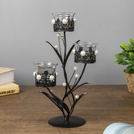 Summary metal, glass for 3 candles "openwork with pearls" black 29x15x11.5 cm-1