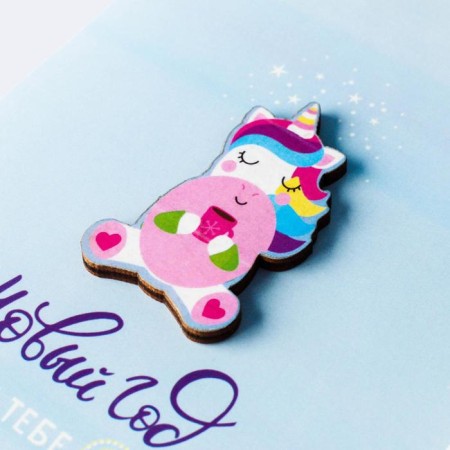 A postcard with a wooden element "Happy New Year!" Unicorn, 10 x 15 cm, New Year-2