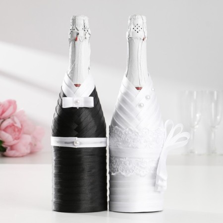 Decoration for champagne "Bridegroom and Bride", black and white-7