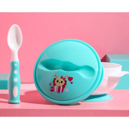 A set of children's dishes "Bunny", 3 objects: a plate on a suction cup, cover, spoon, turquoise color