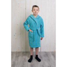 A dressing gown for a boy with a hood, height 146 cm, turquoise, mahra
