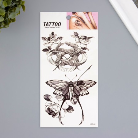 Tattoo on the body black "snake, butterfly, flowers" 10x20.5 cm