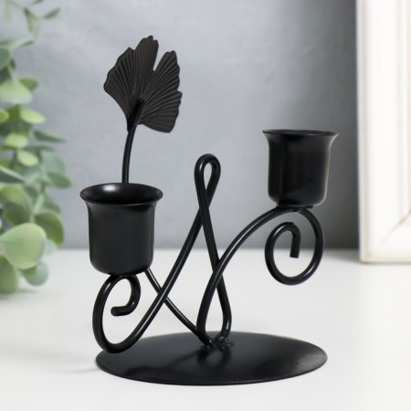 Summary Metal for 2 candles "Sheet ginkgo and curl" D-2.5 cm black 11.8x9x13 cm-2