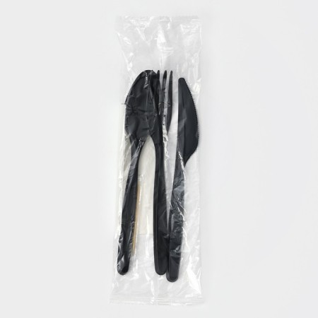 A set of plastic disposable cutlery "Elites", 5 objects: fork, spoon, knife, toothpick, napkin, 18 cm, black color black-7