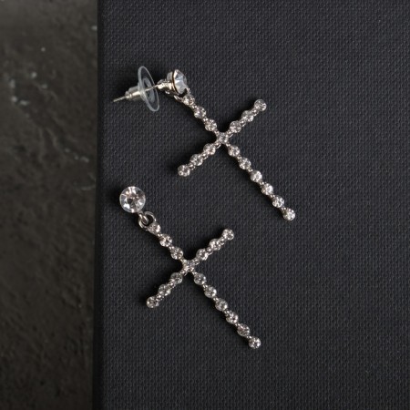 Earrings with rhinestones “crosses” with divisions, white color in silver-2