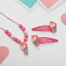 The kit of children's “chosen” 3 subjects: 2 hairpins, pendant, unicorn, bright pink color